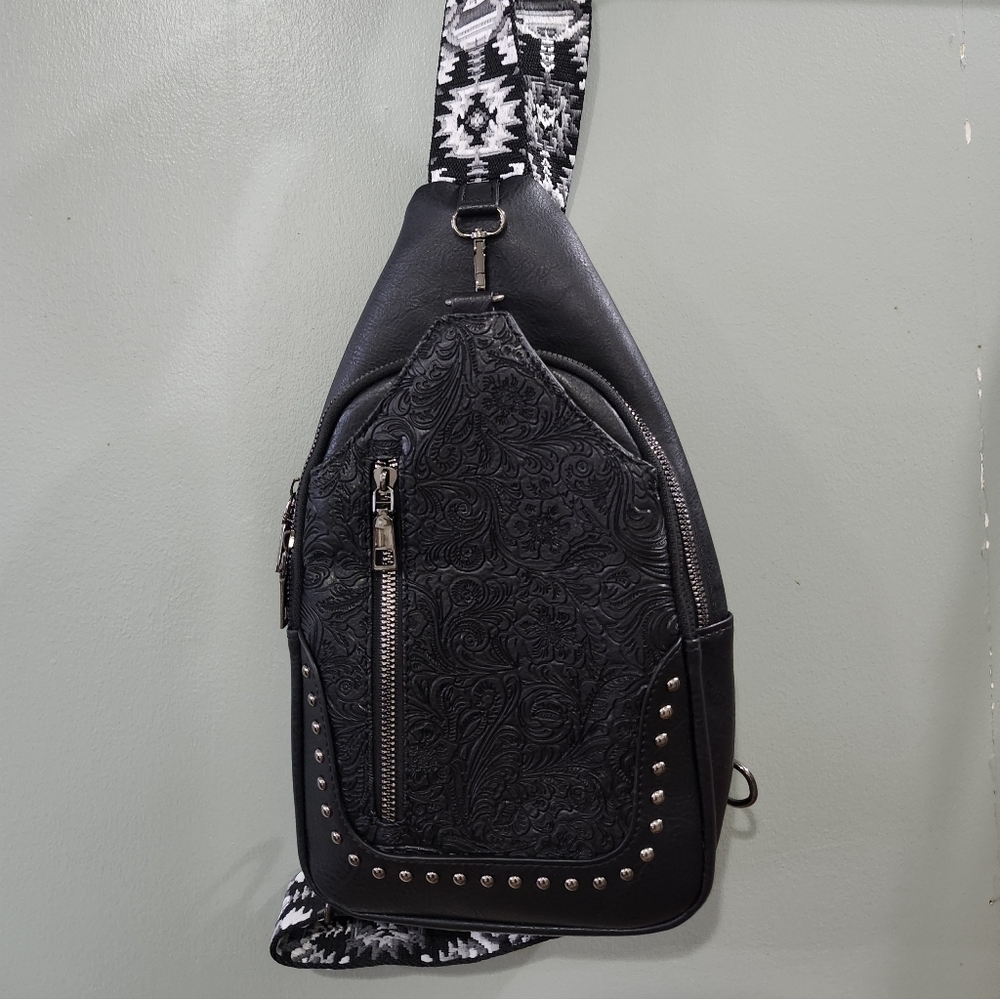 Westen Black Tooled Floral Sling Bag With Patterned Strap